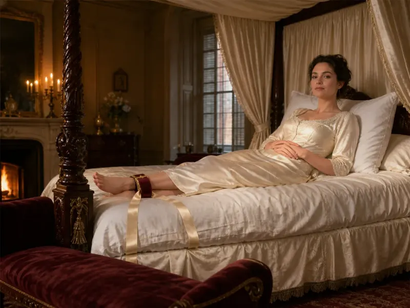 The Lower Arrangement — a lower-body under-bed position, grand master bedroom setting. Fine-art print of a under-bed system position; consenting adults.