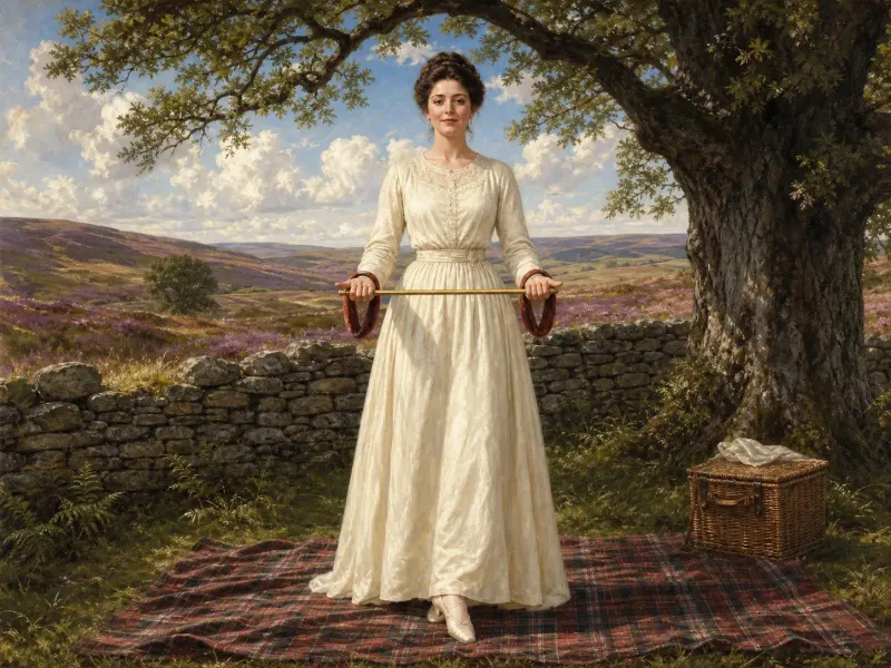 Front wrist spreader bar position on the Yorkshire moors — a woman holding her forearms forward with wrists separated by a short gold bar with red velvet cuffs, heather and drystone wall behind. Fine-art print; consenting adults.